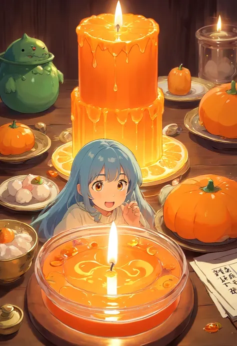 Orange translucent slime creatures，A white candle is lit on the table and next to it