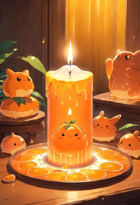 Orange translucent slime creatures，A white candle is lit on the table and next to it