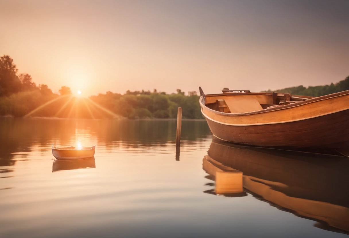 The reflection of a boat in calm water, with a sunset scene, and the sun setting