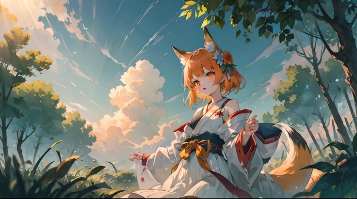 ((best quality:1), (masterpiece:1), (ultra-detailed:1):1.3), dark night, low brightness, detailed background, cinematic lighting,, sen, animal ears, fox ears, fox girl, fox tail, hair flower, hair ornament, orange eyes, orange hair, short hair, tail, flat ...