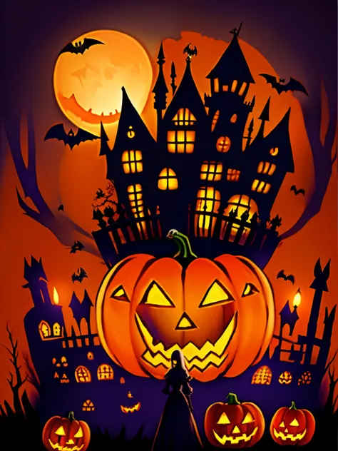 close-up of a woman in a dress standing in front of a castle, halloween pumpkins in front of the creepy house at night, hallowee...