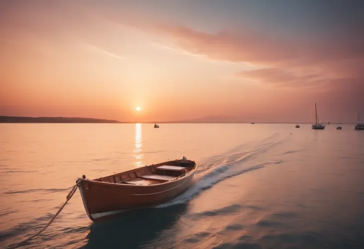 A boat sailing into a stunning sunset