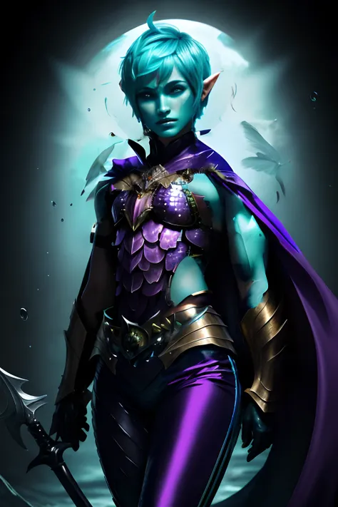 Atlantean ears, triton ears, pixie cut aqua hair sweeping over forehead, very short hair