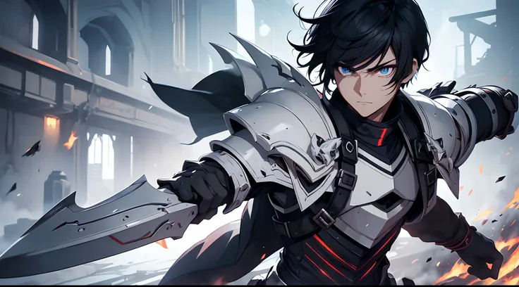 1 teen male, Holding Pyro Dragon Claymore, Wear Mechanical White Armor Suit, Black Hair with Emo Hairstyle, Genshin Impact Style, Underwarter Ruin Background, Have Hidden Blade, White Eye, Fine Emotion Mood, Fighting stance, detailed eyes, detailed face, A...