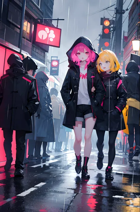 1girl,night city,rain,coat,hands in pockets,bright colours, walking with friends,having fun