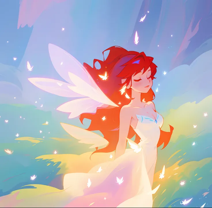 beautiful fairy girl in flowing white fairy gown, fairy dress, ((fairy queen)), (glowing fairy wings), long red hair, ((sparkling fairy wings)), regal queen, fairy queen, watercolor illustration, inspired by Glen Keane, inspired by Lois van Baarle, disney ...