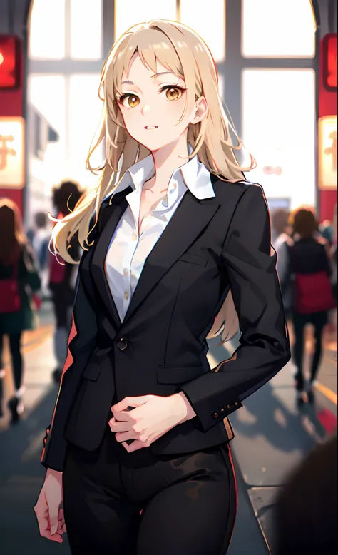 anime - style image of a woman in a business suit in a crowded area, girl in a suit, girl in suit, well - dressed, in a strict suit, in strict suit, fine details, blonde anime girl with long hair, digital anime illustration, painted in anime painter studio...