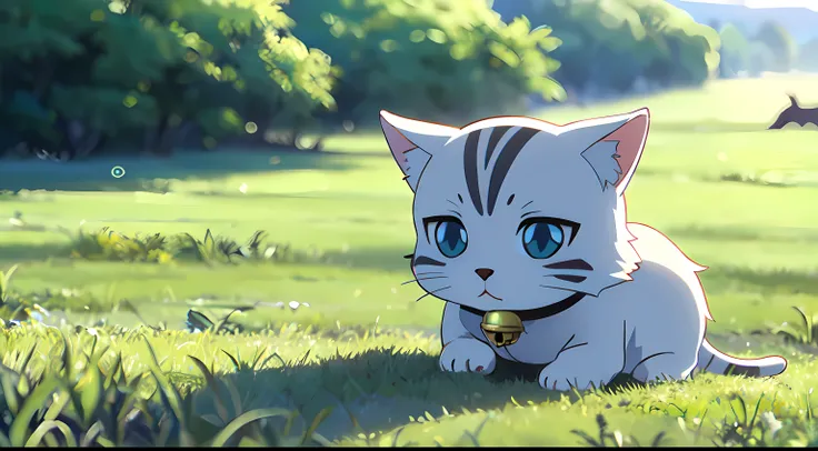 masterpiece, (1little cat), (baby cat), solo, (fluffy white fur), (light blue eyes), outdoor, grassland, close up, bell on neck, SHINKAI MAKOTO