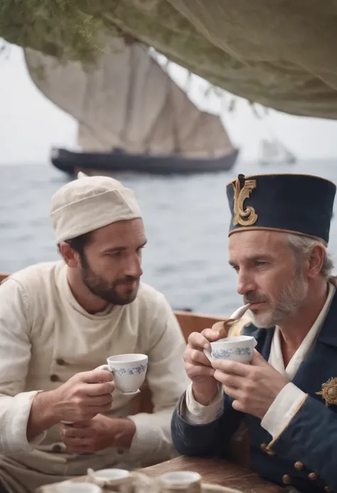 ancient french sailors on sailboat drinking pine bark tea to regain health