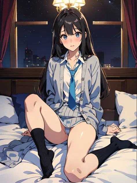 hight resolution、cute little、Amazing beautiful girl,female high-school student、 Anime style, 、17 age、on the bed、A dark-haired、Glamour、Colossal tits、de pele branca、wide-open legs、Very embarrassing、red blush。 Best Quality , Textured skin、 high details, High ...