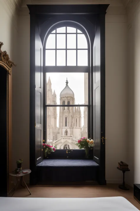 dvArchInteriorGothic style, Black Bedroom,  Sheets, Flowers, cloth, Stitching,  Window to the outside, delicate detail, 24mm, f1.8, eye shadow, Sunset lighting, Wide angle, Award-Winning Architectural Photography, diffused light, soft light