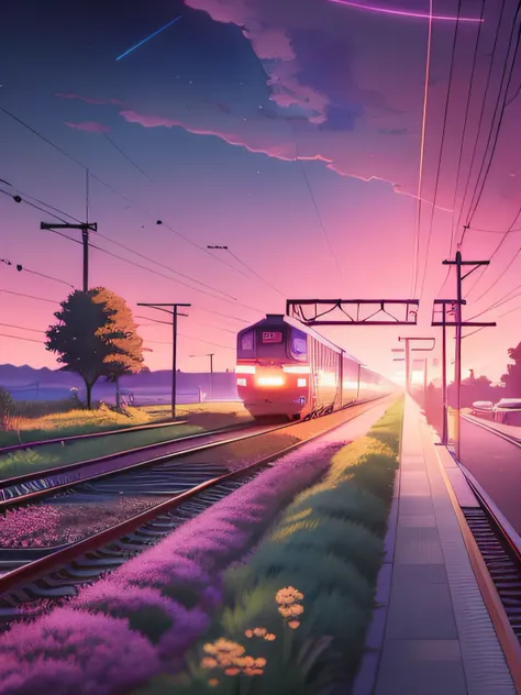 anime scene of a train passing under a pink and purple sky, an anime drawing by Makoto Shinkai, trending on pixiv, magical realism, beautiful anime scene, cosmic skies. by makoto shinkai, ( ( makoto shinkai ) ), by makoto shinkai, anime background art, sty...