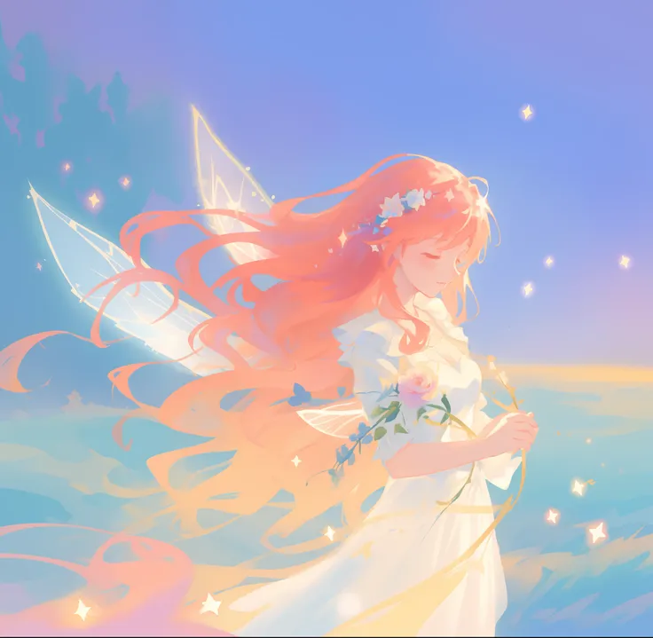 beautiful fairy girl in flowing white fairy gown, fairy dress, ((fairy queen)), (glowing fairy wings), long red hair, ((sparkling fairy wings)), regal queen, fairy queen, watercolor illustration, inspired by Glen Keane, inspired by Lois van Baarle, disney ...