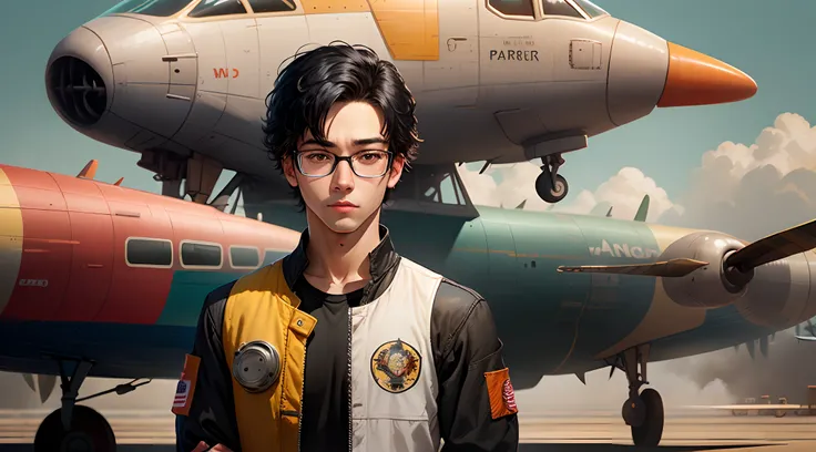 Disney Pixar Character 20 Year Old Airplane Mechanic Black Hair Wearing Glasses Black Shirt With Red Sleeves, In the background with hangar with some planes