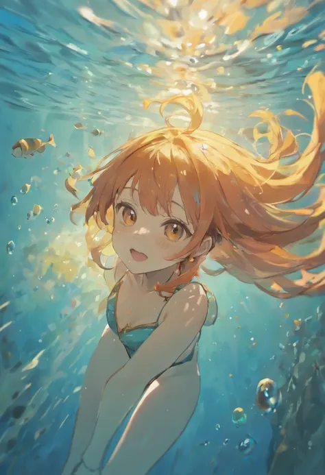 foreshortening, depth of field, masterpiece, best quality, 1girl, brown eyes,  long hair, underwater, air bubble, solo, dappled sunlight, one piece, eichiiro oda, nami, anime, girl, underwater, bubbles, fish, shining water, smiling, long hair, wavy hair, o...