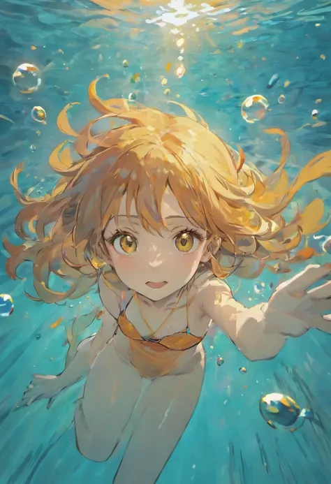 foreshortening, depth of field, masterpiece, best quality, 1girl, brown eyes,  long hair, underwater, air bubble, solo, dappled sunlight, one piece, eichiiro oda, nami, anime, girl, underwater, bubbles, fish, shining water, smiling, long hair, wavy hair, o...