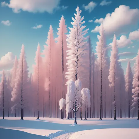 (Best Quality, Masterpiece) Beautiful, Snowy landscapes, warm, pale pink, Another winter tree, Bright color, Bright, blue skies, covered with clouds, The Spirit of Hope, Calm and peaceful landscape.