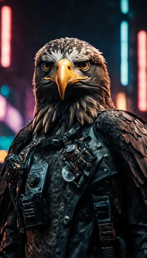 front view, film photo, extreme realistic, hyper-realistic, portrait of a human strong eagle standing, in cyber punk city, at night, elegant pose, atmospheric lighting, cinematic composition, detailed, highly detailed, vivid colors, masterpiece, extreme de...