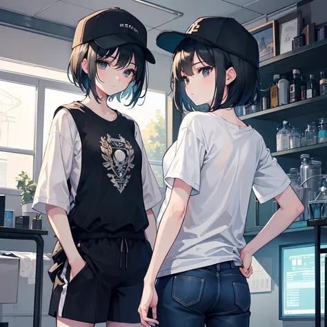 {{Best quality}, {tmasterpiece}, {{ultra - detailed}, illustration), {Detailed light}, {Extremely Delicately Beautiful)，1girll，cool girl，Back shadow，Basketball shirt，baseball cap，Put your hands in your pockets，Alchemy Laboratory，the mystery of unknown terr...