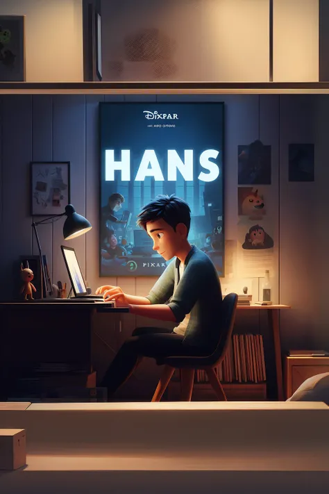 araff is sitting at a desk with a laptop in front of him, in style of atey ghailan, hans, inspired by Hans Fries, anato finnstark. pixar, inspired by Atey Ghailan, animated film, inspired by Lars Jonson Haukaness, james gilleard artwork, inspired by Hans B...