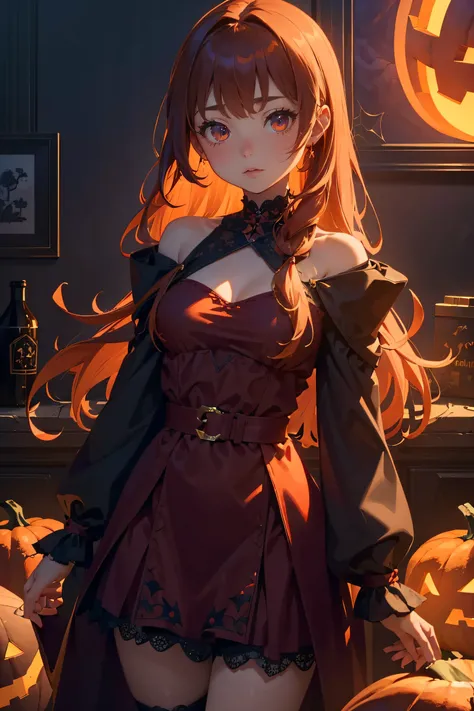 best quality, masterpiece, extremely detailed CG unity 8k wallpaper,(Beautiful and delicate: 1.2),offical art,1 girl, mysterious, gorgeous, Halloween costume, standing, straight-on, ancient castle, dark red, pumpkin lantern, terrifying patterns, symbols,Ha...