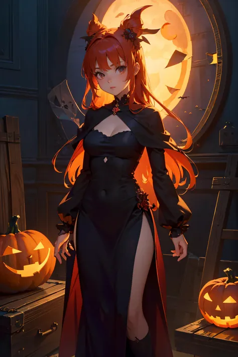 best quality, masterpiece, extremely detailed CG unity 8k wallpaper,(Beautiful and delicate: 1.2),offical art,1 girl, mysterious, gorgeous, Halloween costume, standing, straight-on, ancient castle, dark red, pumpkin lantern, terrifying patterns, symbols,Ha...