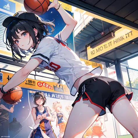 {{Best quality}, {tmasterpiece}, {{ultra - detailed}, illustration), {Detailed light}, {Extremely Delicately Beautiful)，1girll，cool girl，Back shadow，Basketball shirt，baseball cap，Hot Pants，Raise your basketball with both hands，excited，strong sunlight，baske...