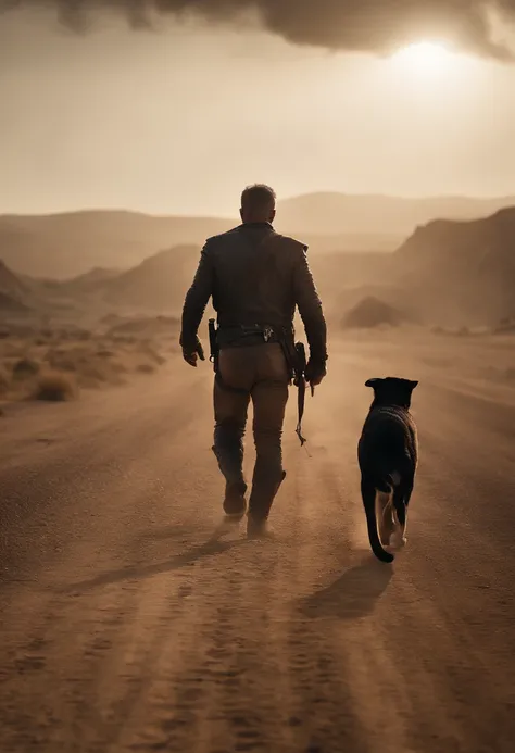 poster de la pelicula mad max 4 con un viejo mel gibson caminando. Lleva una escopeta recortada en la mano y a su lado va un gato.