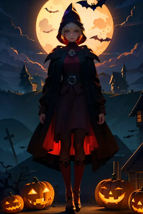 1 girl, mysterious, gorgeous, halloween costume, standing, straight-on, ancient castle, dark red, pumpkin lantern, terrifying pa...