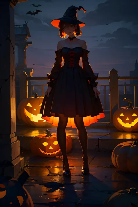 1 girl, mysterious, gorgeous, halloween costume, standing, straight-on, ancient castle, dark red, pumpkin lantern, terrifying pa...