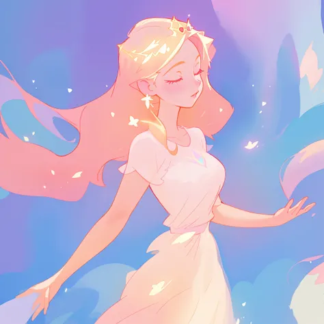 beautiful girl in pale pink puffy layered ballgown, princess, sparkling white tiara, long peach and golden hair, watercolor illustration, inspired by Glen Keane, inspired by Lois van Baarle, disney art style, by Lois van Baarle, glowing aura around her, by...