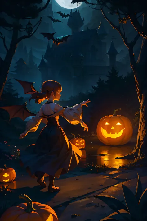 1 girl, brave, dark forest, castle, pumpkin lantern, faint light, shuttle, bat wings, bats, dancing, guiding, mysterious banquet, road.