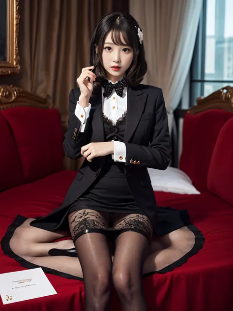 Charming beauties、black pantyhose、Suit jacket、Black tight skirt、beauty legs、Dyed in darkness、lacy fabric、Brainwashing makeup、The card