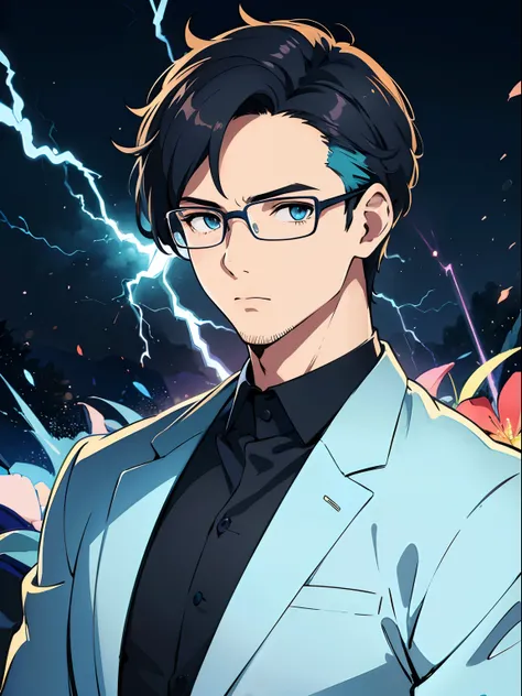 (Excellent, Masterpiece), A ((man)), Subculture, Shirt, Trendy Color Scheme, Wind, Particles, Various Colors Flower Background, Blue Square Frame Glasses, Upper Body, Lightning Particles Flash