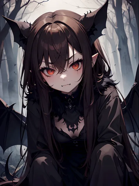 Masterpiece, close up, creepy forest, night, dark, misty, humanoid, demonic, bat ears, bat wings, fur patches, cute, fangs, scary, threatening, torn black clothes, crouching, pout expression, brown hair