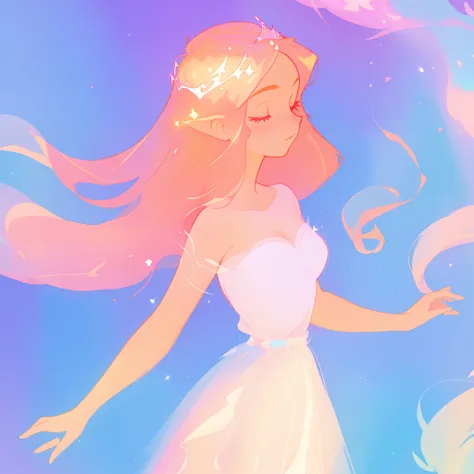 beautiful girl in pale pink puffy layered ballgown, princess, sparkling white tiara, long peach and golden hair, watercolor illustration, inspired by Glen Keane, inspired by Lois van Baarle, disney art style, by Lois van Baarle, glowing aura around her, by...