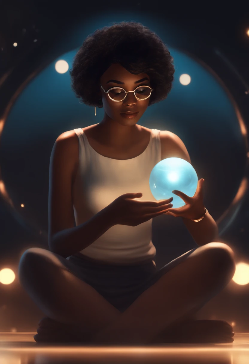 ((1girl)), anime, short dark hair, dark skin, shiny glasses lenses, mouth closed and expressionless, sitting, with her hands holding a glowing orb while two other glowing spheres orbit around her.