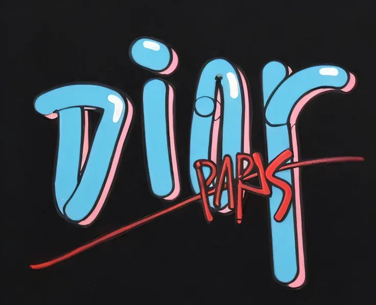 Close-up of a black shirt with a blue and pink logo., diselpank art, drip, Dital Painting, Paris, In Paris, by Derf, Graffiti, details, detailed photo, Dim neon lights, drop, digiral art, dicital painting, drop, sketch, Daft Punk, Concept piece, Digis, In ...