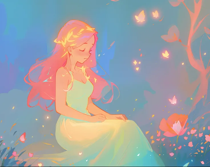 beautiful girl in white dress, fairy dress, beautiful girl sitting in a field with pink red flowers, glowing lights, whimsical landscape, long pink flowing hair, watercolor illustration, inspired by Glen Keane, inspired by Lois van Baarle, disney art style...