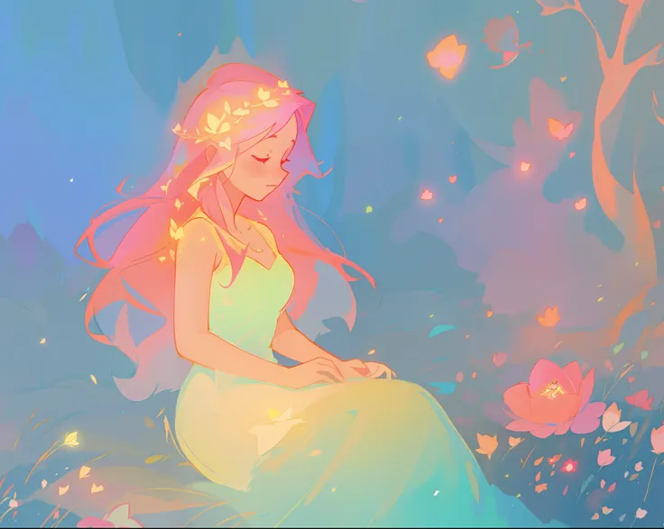 beautiful girl in white dress, fairy dress, beautiful girl sitting in a field with pink red flowers, glowing lights, whimsical landscape, long pink flowing hair, watercolor illustration, inspired by Glen Keane, inspired by Lois van Baarle, disney art style...