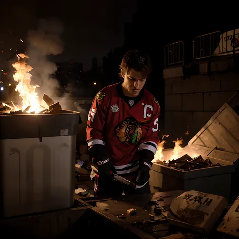 A Chicago Blackhawks jersey burning in a dumpster fire