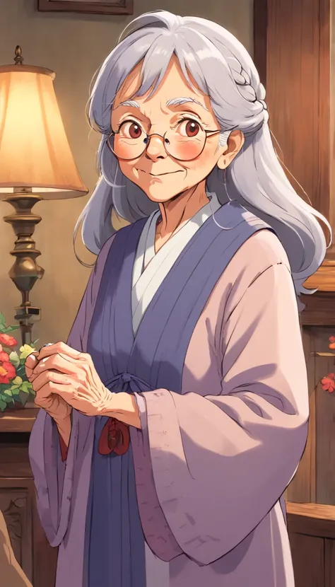 (Old lady:1.4), with gray long hair, strict face, house wife, aunt look.