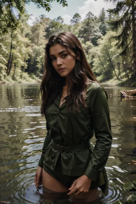 Animated photos of in a lake in the forest, com roupa de guerreira, uma menina branca dos olhos verdes e cabelo ruivo liso