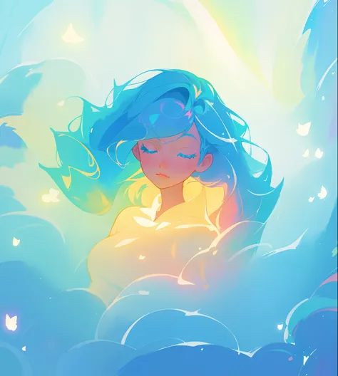 beautiful girl surrounded by liquid light, long wavy blue hair, watercolor illustration, inspired by Glen Keane, inspired by Lois van Baarle, disney art style, by Lois van Baarle, glowing aura around her, by Glen Keane, jen bartel, glowing lights! digital ...