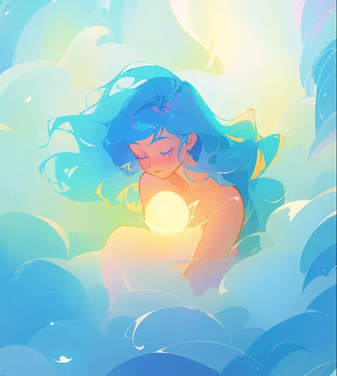 beautiful girl surrounded by liquid light, long wavy blue hair, watercolor illustration, inspired by Glen Keane, inspired by Lois van Baarle, disney art style, by Lois van Baarle, glowing aura around her, by Glen Keane, jen bartel, glowing lights! digital ...