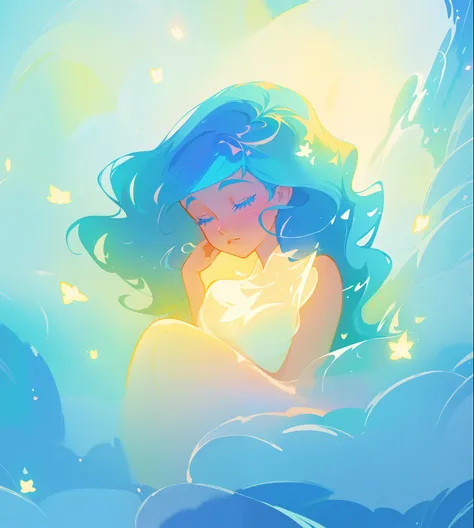 beautiful girl surrounded by liquid light, long wavy blue hair, watercolor illustration, inspired by Glen Keane, inspired by Lois van Baarle, disney art style, by Lois van Baarle, glowing aura around her, by Glen Keane, jen bartel, glowing lights! digital ...