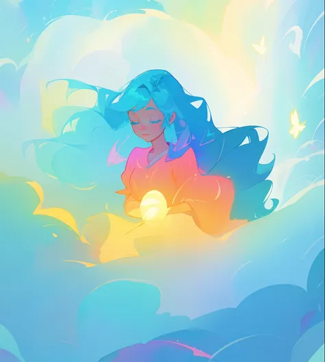 beautiful girl surrounded by liquid light, long wavy blue hair, watercolor illustration, inspired by Glen Keane, inspired by Lois van Baarle, disney art style, by Lois van Baarle, glowing aura around her, by Glen Keane, jen bartel, glowing lights! digital ...