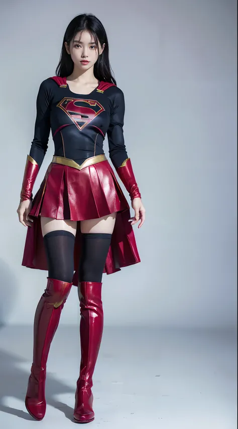 japanes、Cute Beautiful Girl、(((Wear black tights on your beautiful legs.)))、(((beauty legs)))、(((Painful look)))、((((Make the most of the original image)))、(((Supergirl Costume)))、(((beautiful hairl)))、(((Injured)))、(((Feet must necessarily be worn with bl...