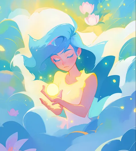 beautiful girl surrounded by liquid light, long wavy blue hair, watercolor illustration, inspired by Glen Keane, inspired by Lois van Baarle, disney art style, by Lois van Baarle, glowing aura around her, by Glen Keane, jen bartel, glowing lights! digital ...