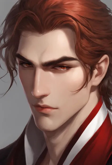 portrait, 1homme, style anime, The Art of Manwha ,Detailed face ((cheveux noirs)) ((yeux rouges)) ((regard dure)) ((Froncement de sourcils)) ((cheveux courts)) ,adulte 30 ans, historique, combattant, Nobles Clothing, fantastique, Detailed views, duke du No...